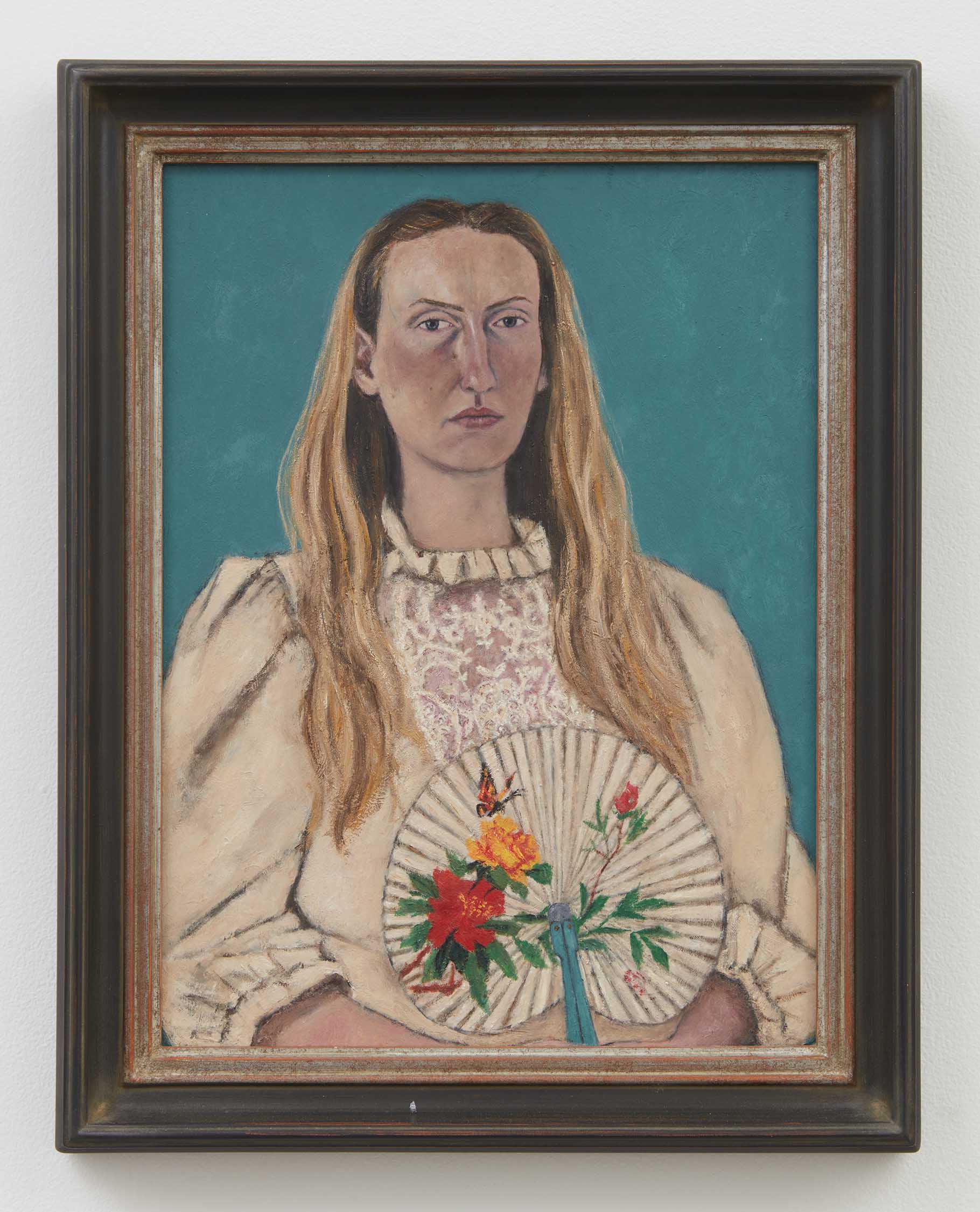 Max Jahn, <i>Zoë with Fan</i>, 2025. Oil on copper in artist's frame, 19 1/8 x 15 1/8 x 1 5/8 in (48.5 x 38.5 x 4 cm)